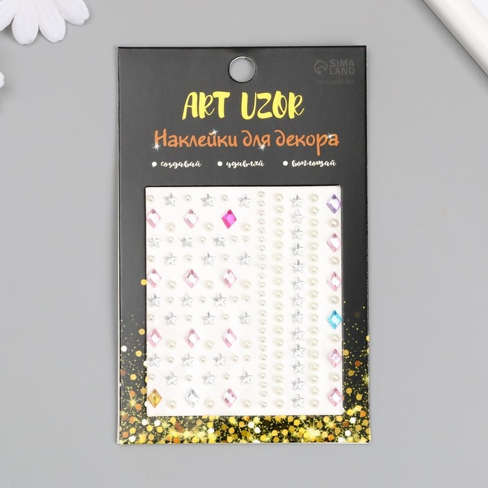 Наклейка пластик стразы, жемчужины Наклейка пластик стразы, жемчужины "Цветочки, ромбики" 8,5х9,5 см