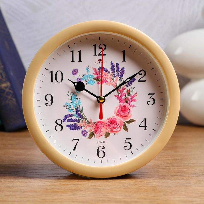 Часы - будильник настольные Часы - будильник настольные "Цветочный узор", дискретный ход, d-15 см, 15.7 х 15.7 см, АА