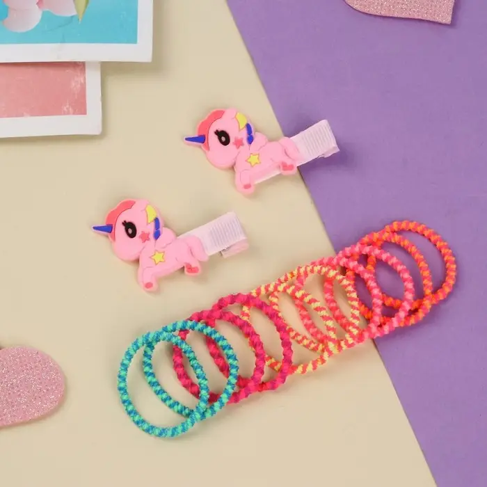 Набор для волос «Лучик», 2 зажима 4 см, 10 резинок 2.5 см, единорожка веселый Набор для волос «Лучик», 2 зажима 4 см, 10 резинок 2.5 см, единорожка веселый