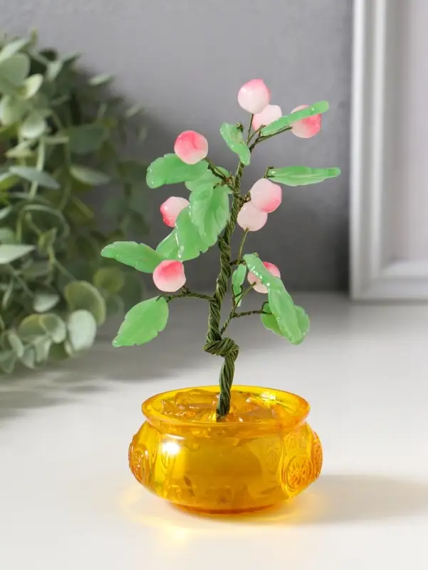 Сувенир бонсай "Дерево с персиками в чаше богатства" 9 персиков 14 листьев 7,5х9,5х16 см