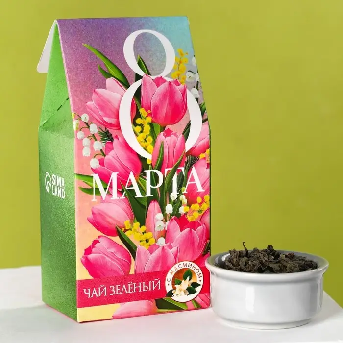Подарочный набор &laquo;8 марта&raquo;, чай зелёный со вкусом жасмина 50 г., печенье брауни 120 г., конфеты с шоколадной начинкой 110 г.