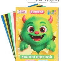 Картон цветной А4, 6 л., 6 цветов, немелованный односторонний, на скобе