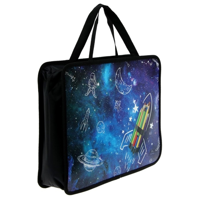 Папка с ручками А4, 330 х 260 х 75 мм, пластиковая, ручки-тесьма, Calligrata  Папка с ручками А4, 330 х 260 х 75 мм, пластиковая, ручки-тесьма, Calligrata "Ракета карандаши"