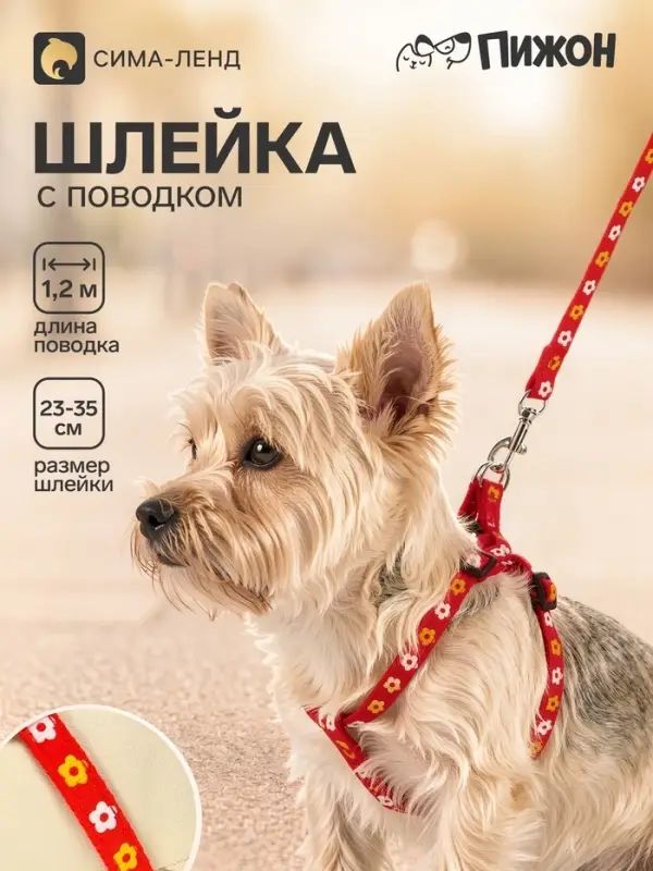 Шлейка с поводком &laquo;Цветы&raquo;, ОГ 23-35 см, ширина 1 см, поводок 120 см, прошитая, красная