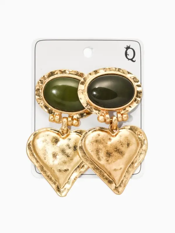 Серьги "Винтаж", овал с сердцем, цвет темно-зелёный в золоте