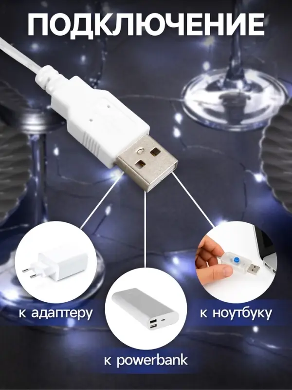 Гирлянда &laquo;Мишура&raquo; 5 м, роса, IP20, серебристая нить, 100 LED, свечение белое, USB