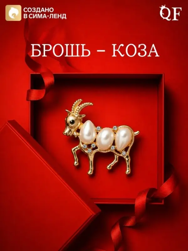 Брошь новогодняя &laquo;Жемчуг. Коза&raquo;, белая в золоте