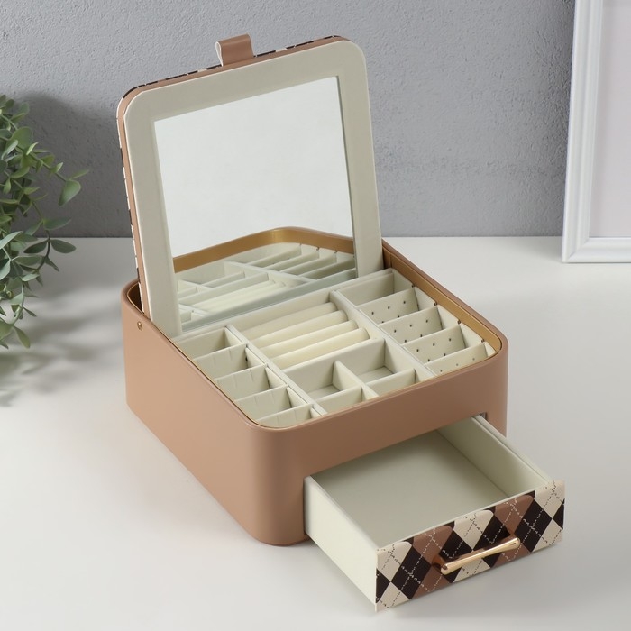 Шкатулка кожзам для украшений  Шкатулка кожзам для украшений "Клетка" бежевая 20х22,5х9,5 см