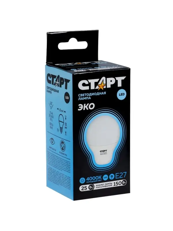 Лампа светодиодная СТАРТ, 25 Вт, Е27, А60, 4000К, 2000 Лм, свечение нейтральное белое