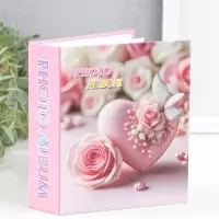 Фотоальбом на 40 фото 10х15 см "Сердце и розовая роза с бабочкой" в коробке 4,5х14х17 см