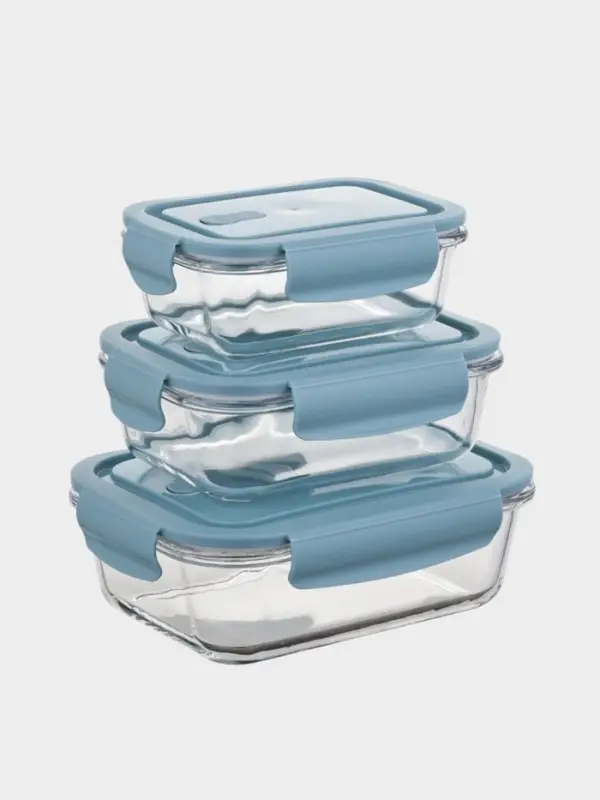 Набор стеклянных контейнеров с крышкой 3 шт,  410/690/1040 мл, синяя крышка с клапаном