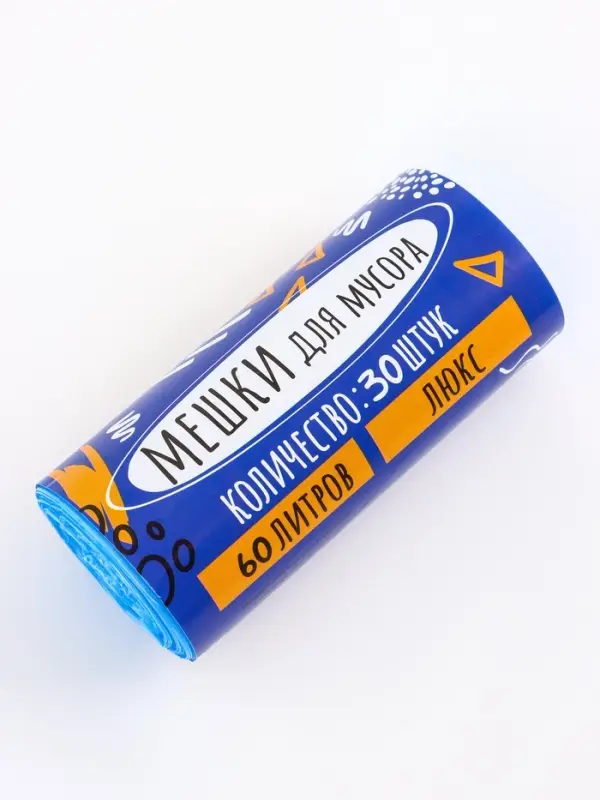 Мешки для мусора в рулоне 60 л, голубые, ПНД, толщина 8 мкм, 30 шт.