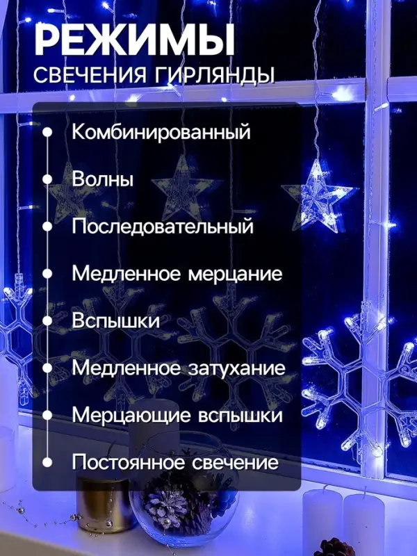 Гирлянда &laquo;Бахрома&raquo; 2.4&times;0.9 м с насадками &laquo;Снежинки&raquo;, IP20, прозрачная нить, 150 LED, свечение синее, 8 режимов, 220 В