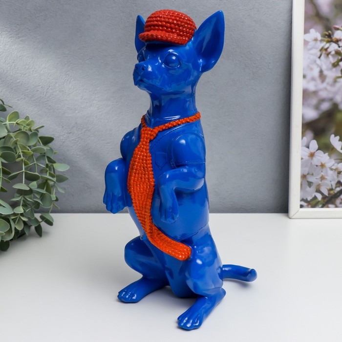 Сувенир полистоун Сувенир полистоун "Той-терьер в кепке и галстуке" синий с оранжевым 29,5х14х11,5 см