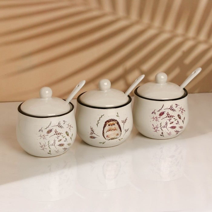 Банки керамические для специй на металлической подставке «Ёжик», 200 мл, 3 шт Банки керамические для специй на металлической подставке «Ёжик», 200 мл, 3 шт