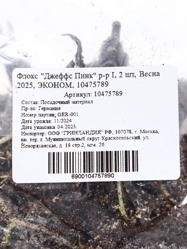 Флокс "Джеффс Пинк" р-р I, 2 шт, Весна 2025, ЭКОНОМ,