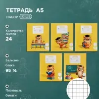 Тетради 10 штук, 24 листа в клетку &laquo;Совёнок&raquo;, блок офсет, 5 видов