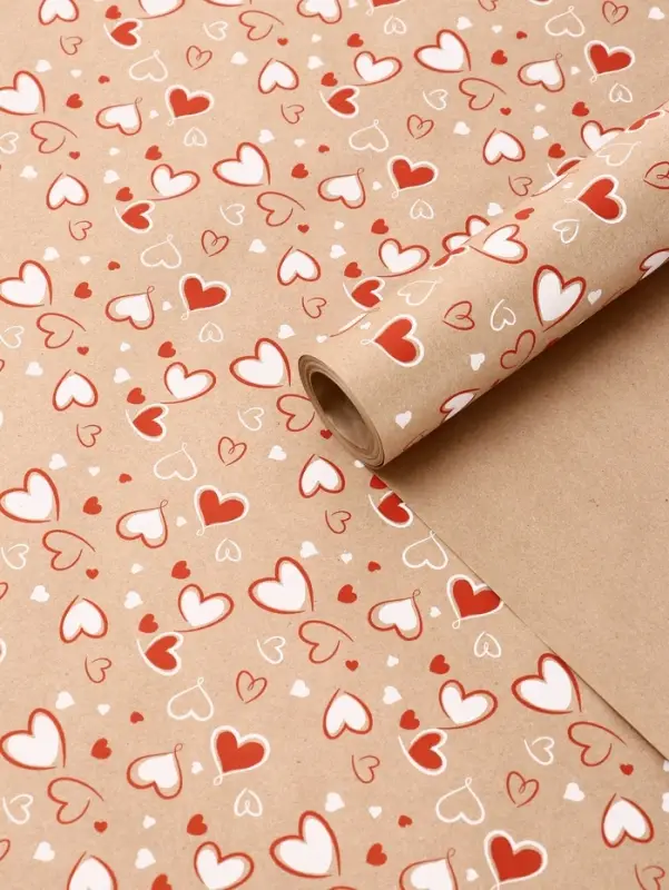 Бумага упаковочная крафт &laquo;Сердечки 2&raquo; красный/белый цвет на коричневом фоне 0.72&times;10&plusmn;5% м, 60 г