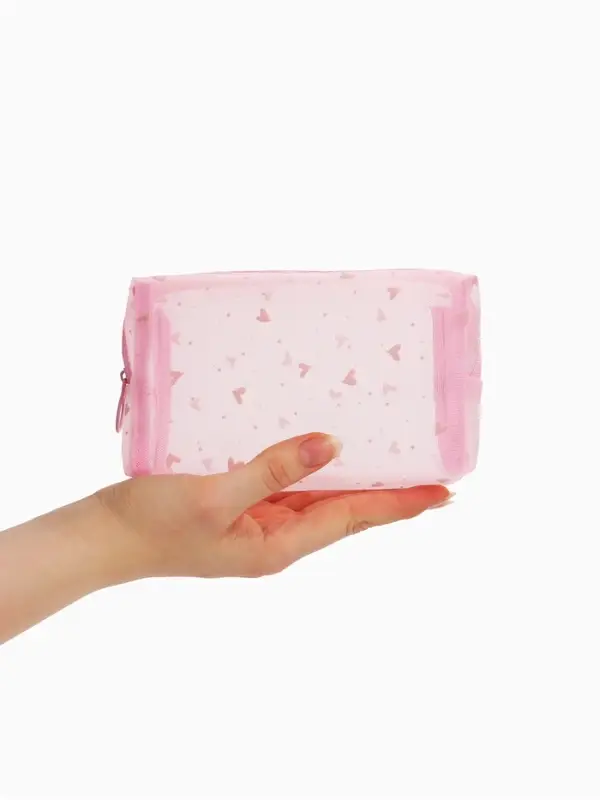 Косметичка дор Сердца, сетка 18*7,5*10, отд на молнии, розовый Косметичка дор Сердца, сетка 18*7,5*10, отд на молнии, розовый