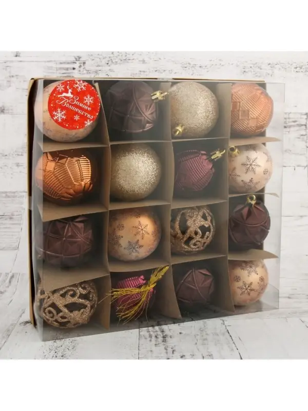 Ёлочные игрушки &laquo;Винтажный узор&raquo;, шары новогодние, d=6 см, набор 16 шт., кофейный МИКС