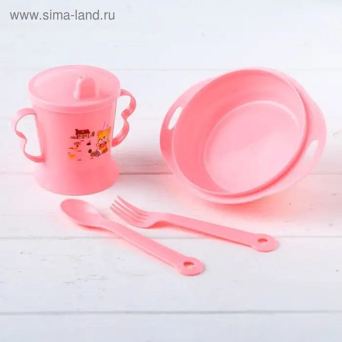 Детская посуда в наборе, 4 предмета: миска, ложка, вилка, поильник с твёрдым носиком 200 мл, цвета МИКС