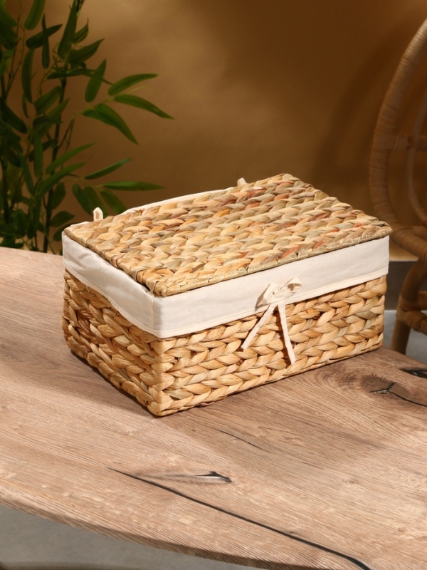 Корзинка прямоугольная с крышкой и тканевым подкладом, 33х22х14 см, водный гиацинт