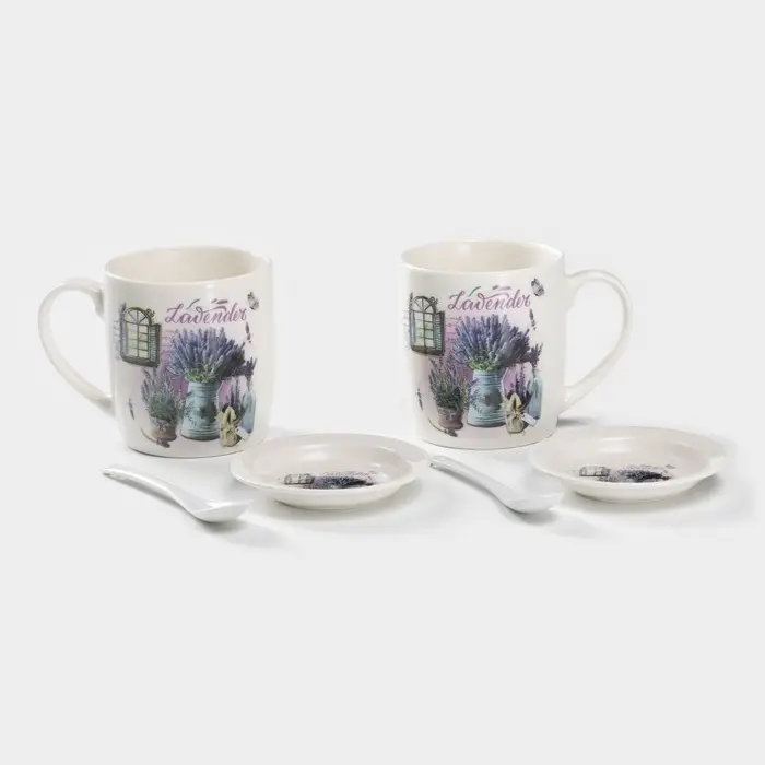 Набор кружек с ложками и подставками &laquo;Букет лаванды&raquo;, 2 предмета: 330 мл, керамика, рисунок МИКС