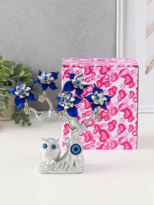 Фигурка от сглаза &laquo;Цветущее дерево. Филин со слитком золота&raquo;, серебро, синий, 16&times;5.5&times;18.5 см