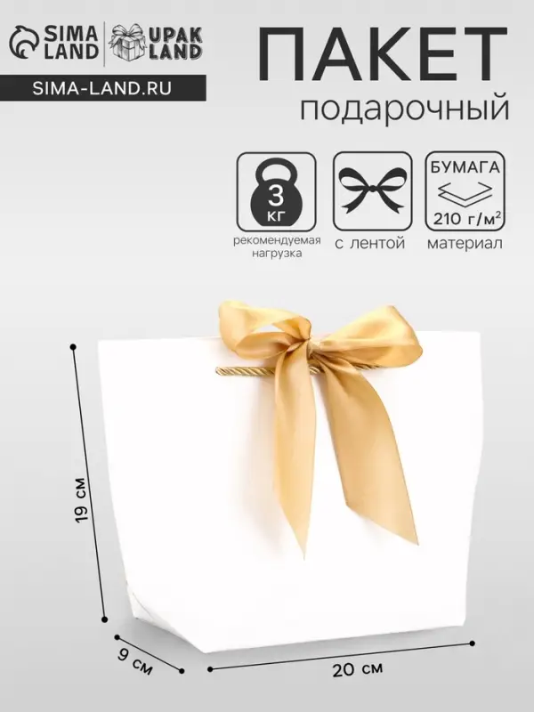 Пакет подарочный ламинированный, с лентой &laquo;Белый&raquo;, горизонтальный, 19&times;20&times;9 см