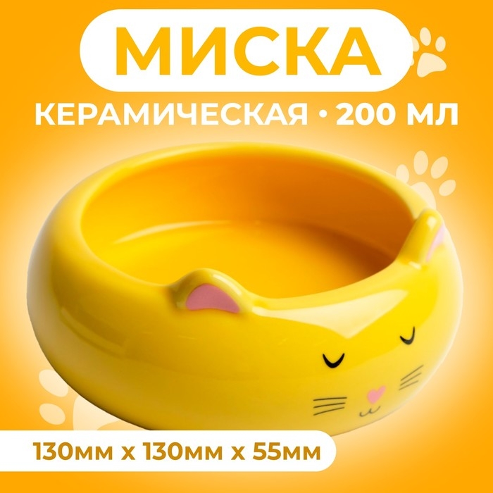 Миска керамическая  Миска керамическая "Кошка-лепёшка" 200 мл, 13 x 5,5 cм, жёлтая