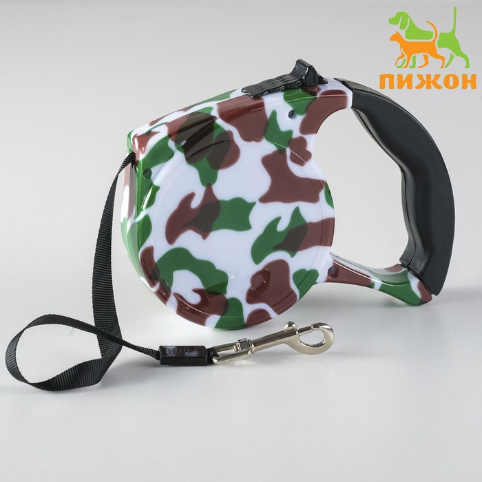 Рулетка с поводком-лентой, резиновая ручка, 5 м, вес животного до 15 кг, расцветка милитари Рулетка с поводком-лентой, резиновая ручка, 5 м, вес животного до 15 кг, расцветка милитари