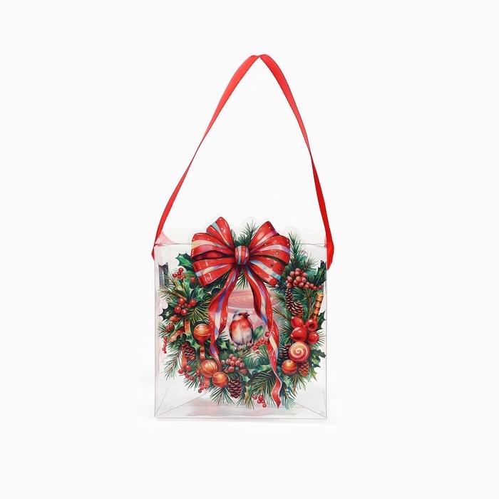 Коробка подарочная новогодняя складная ПВХ, «Венок новогодний», 10 х 10 х 10 см, Новый год