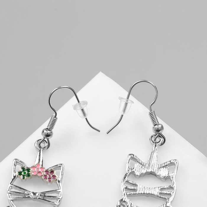Серьги эмаль «Кошка» с листьями, цветные в серебре Серьги эмаль «Кошка» с листьями, цветные в серебре