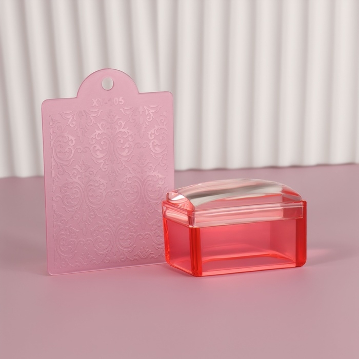 Набор для стемпинга, 2 предмета: штампик 3,5 &times; 2,5 см, скребок-пластина 5,4 &times; 4,2, цвет красный/прозрачный