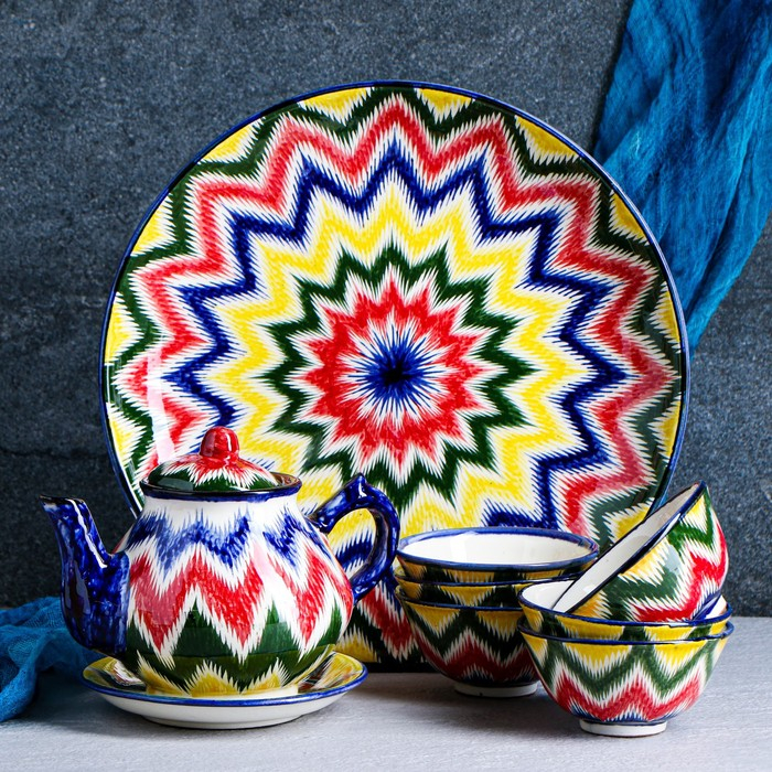 Набор чайный Риштанская керамика Набор чайный Риштанская керамика "Атлас №2", 9 предметов (чайник 1л, пиалы 0,3л), микс