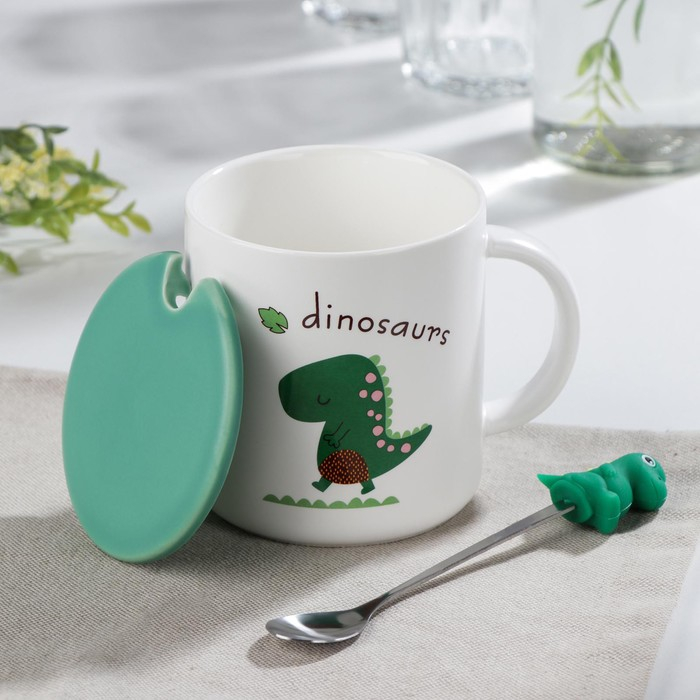 Кружка керамическая с крышкой и ложкой «Дино», 320 мл, рисунок МИКС Кружка керамическая с крышкой и ложкой «Дино», 320 мл, рисунок МИКС