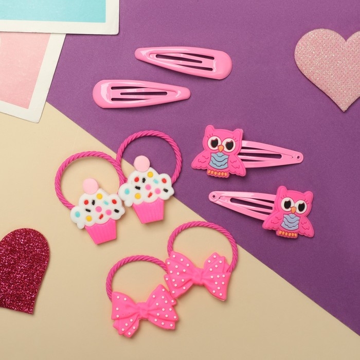 Набор для волос Набор для волос "Ванилька" (4 резинки, 4 невидимки) совушки, розовый
