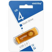 Флешка Smartbuy 004GB2TWY, 4 Гб, USB2.0, чт до 15 Мб/с, зап до 12 Мб/с, желтая