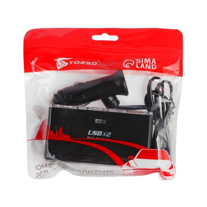 Разветвитель прикуривателя TORSO, 2 гнезда, 2 USB, 12/24 В, провод 65 см Разветвитель прикуривателя TORSO, 2 гнезда, 2 USB, 12/24 В, провод 65 см