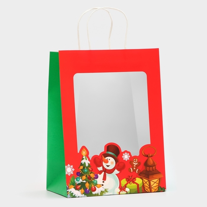 Пакет подарочный новогодний с окном Пакет подарочный новогодний с окном "Снеговик"30 х 22 х 14 см.