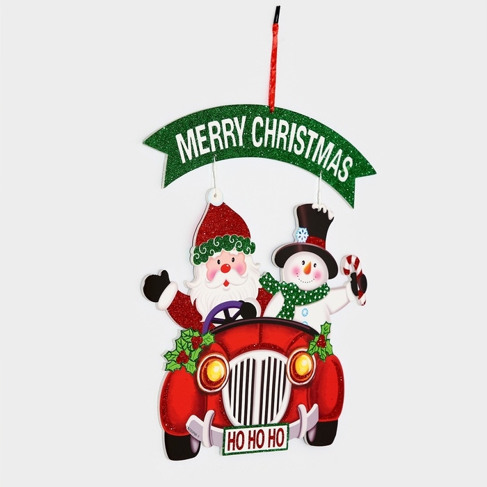 Декоративное украшение (подвеска)  Декоративное украшение (подвеска) "Дед мороз и снеговик на автомобиле" 40х34 см