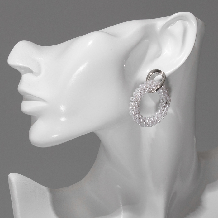 Серьги с жемчугом «Круги» на кольце, цвет белый в серебре Серьги с жемчугом «Круги» на кольце, цвет белый в серебре