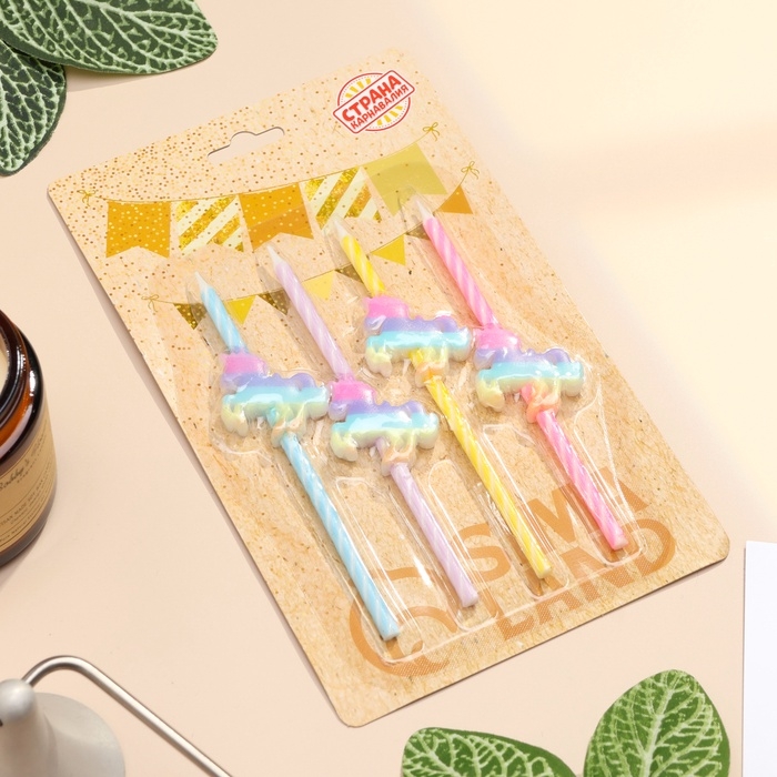Набор свечей для торта, 4 шт  Набор свечей для торта, 4 шт "Радужные единороги", спиральные, разноцветные