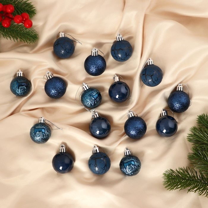 Набор шаров пластик d-4 см, 16 шт Набор шаров пластик d-4 см, 16 шт "Мелодия" узор треск, синий