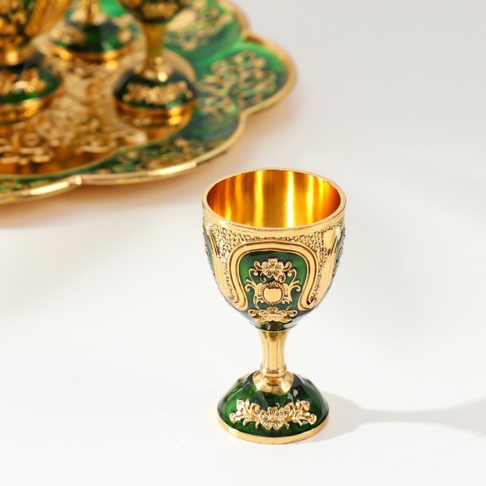 Набор винный кувшин, 6 бокалов и поднос  Набор винный кувшин, 6 бокалов и поднос "Турция. Цветы и узоры" зелёный с золотом