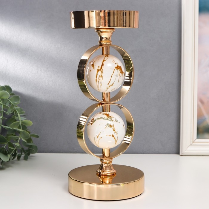 Подсвечник металл на 1 свечу  Подсвечник металл на 1 свечу "Два белых мраморных шара в сферах" золото 27х12х12 см