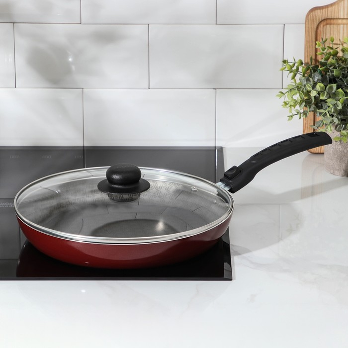 Сковорода «Альфа», d=28 см, съёмная ручка, стеклянная крышка, антипригарное покрытие, цвет бордовый Сковорода «Альфа», d=28 см, съёмная ручка, стеклянная крышка, антипригарное покрытие, цвет бордовый