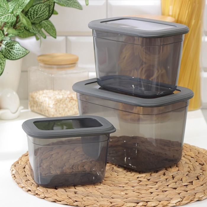 Набор ёмкостей для сыпучих продуктов «Респект», 3 шт, 0,8 л, 1,3 л, 2,3 л, прозрачные, крышка серая