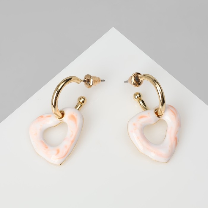 Серьги эмаль «Сердце» разводы, цвет бело-розовый в золоте Серьги эмаль «Сердце» разводы, цвет бело-розовый в золоте