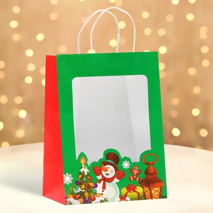 Пакет подарочный новогодний с окном Пакет подарочный новогодний с окном "Снеговик" 19 х 26 х 13 см.